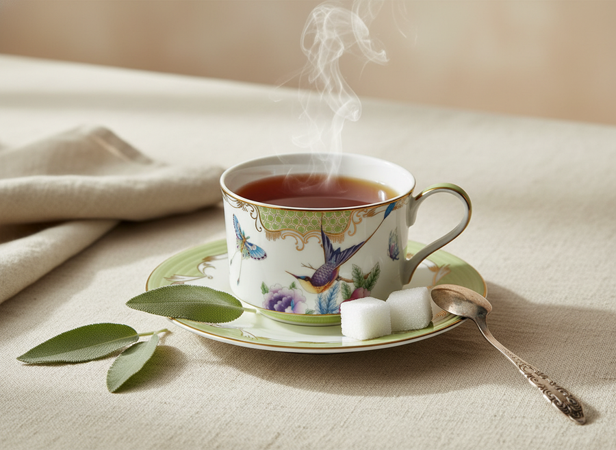 Papillons Green - Çay Fincanı ve Tabağı, yatay sofra sunumu
