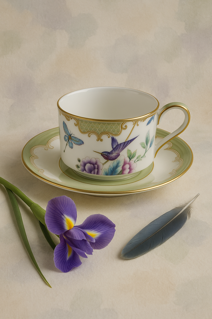 Papillons Green - Çay Fincanı ve Tabağı, dikey sofra sunumu