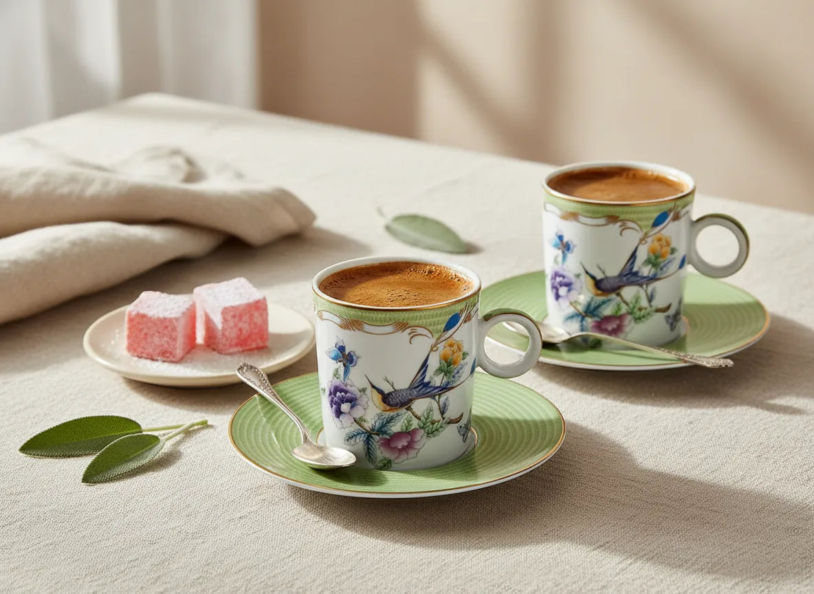 Papillons Green yeşil fincan ve tabakları