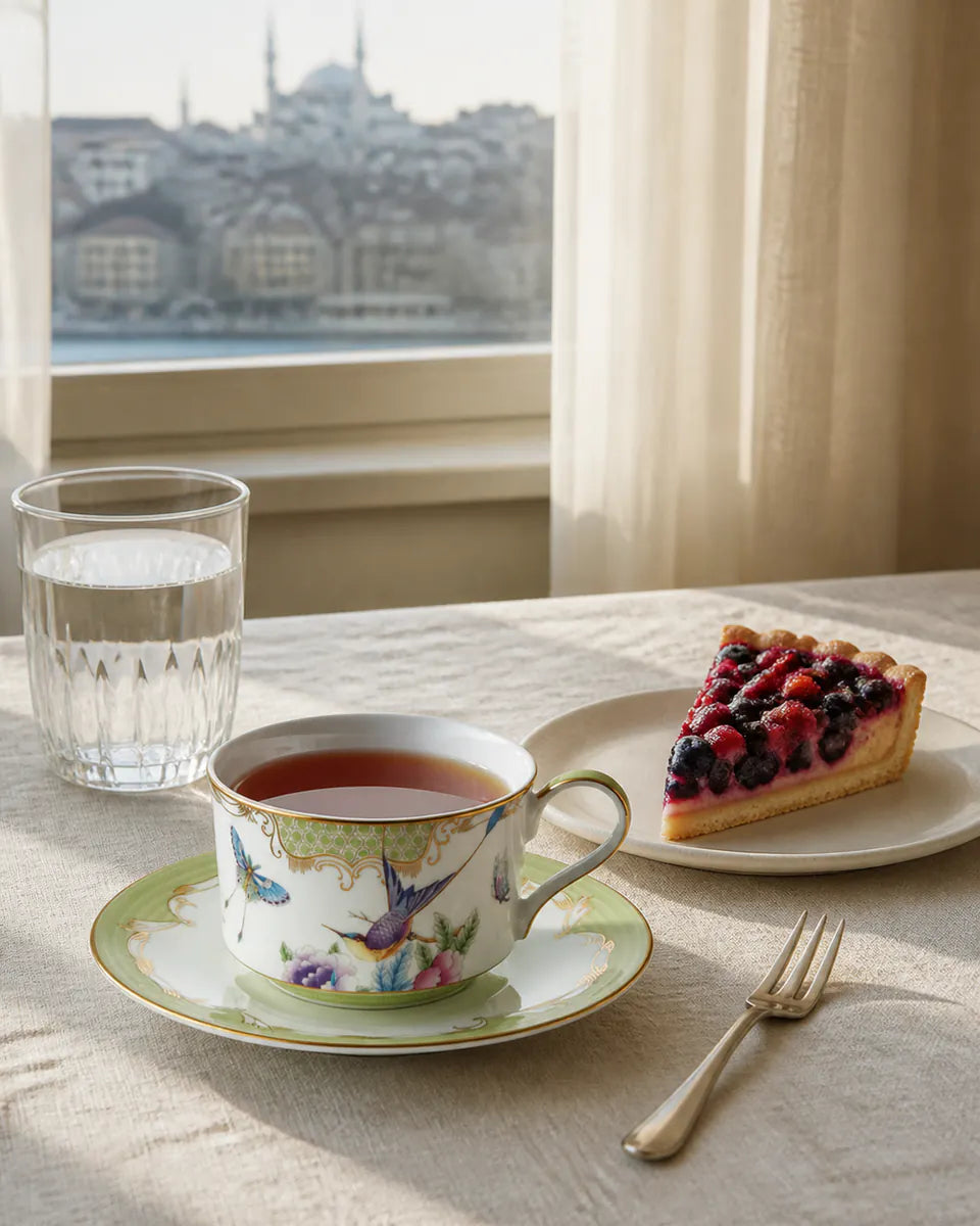 Papillons Green çay fincanıyla editoryal sunum